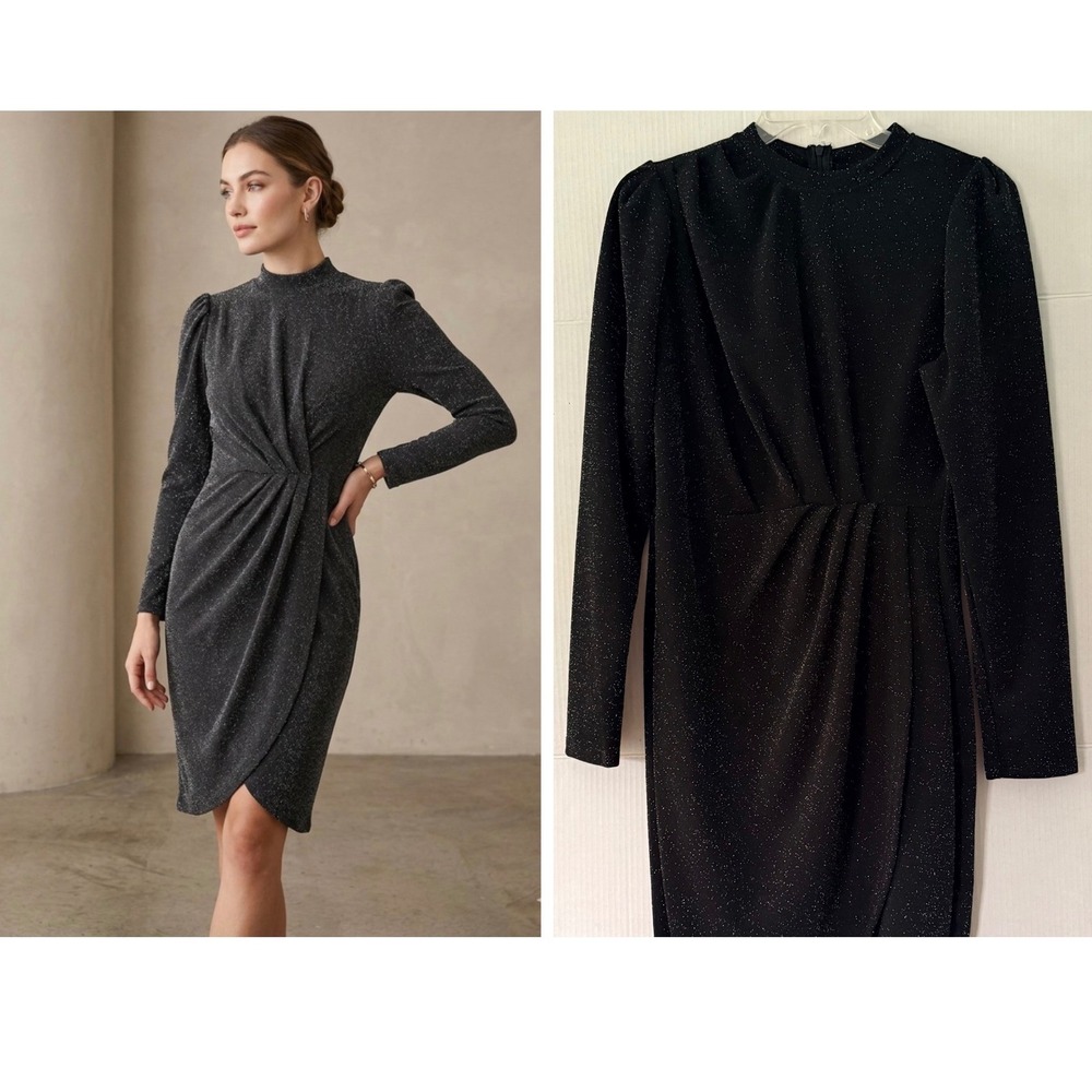 Glitter Mock Neck Evening Dress L Black LongSleeve Pleated Bodycon Cocktail Y2K